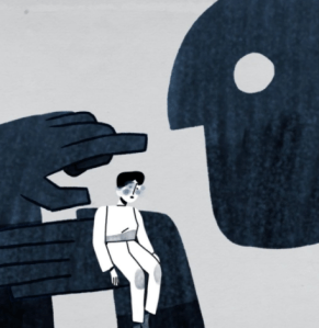 Image extraite d'une vidéo Brisons le silence: Géant bleu foncé portant dans sa main une personne victime de violence dessinée en noir en blanc