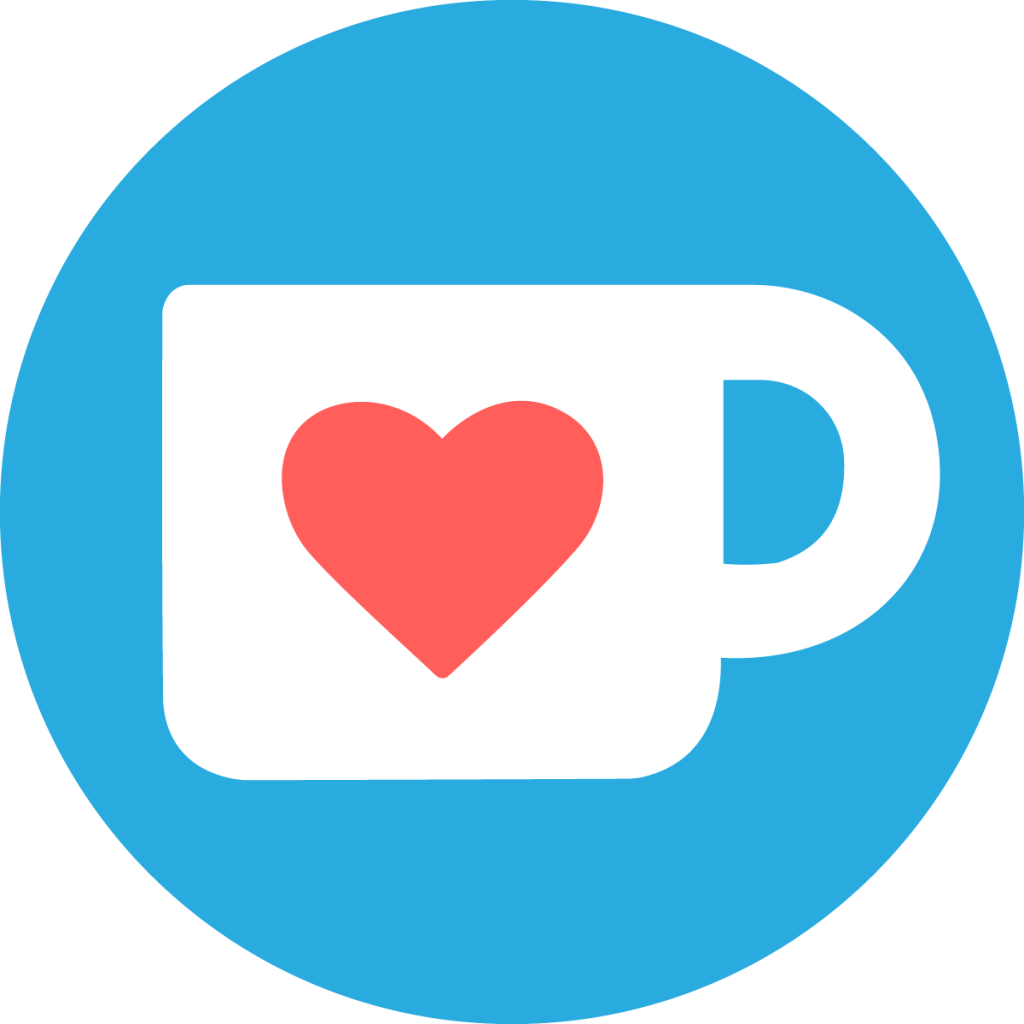Logo du site ko-fi: une tasse de café blanche ornée d'un coeur rouge, sur un fond bleu.